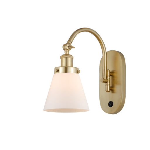 Innovations Cone 6.25in 1-Light Swing Arm Sconce | Industrial Satin Gold Steel and Matte White Frosted Glass | Bedroom & Living Room | Model 918-1W-SG-G61