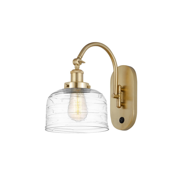 Innovations Bell 8in 1-Light Swing Arm Sconce | Industrial Satin Gold Steel and Clear Deco Swirl Glass | Bedroom & Living Room | Model 918-1W-SG-G713