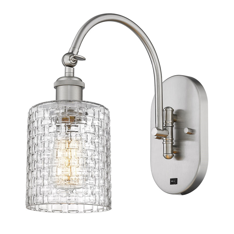 Innovations Cobbleskill 5in 1-Light Wall Sconce | Industrial Brushed Satin Nickel and Clear Basket Weave Glass | Bedroom & | Model 918-1W-SN-G112C-5CL