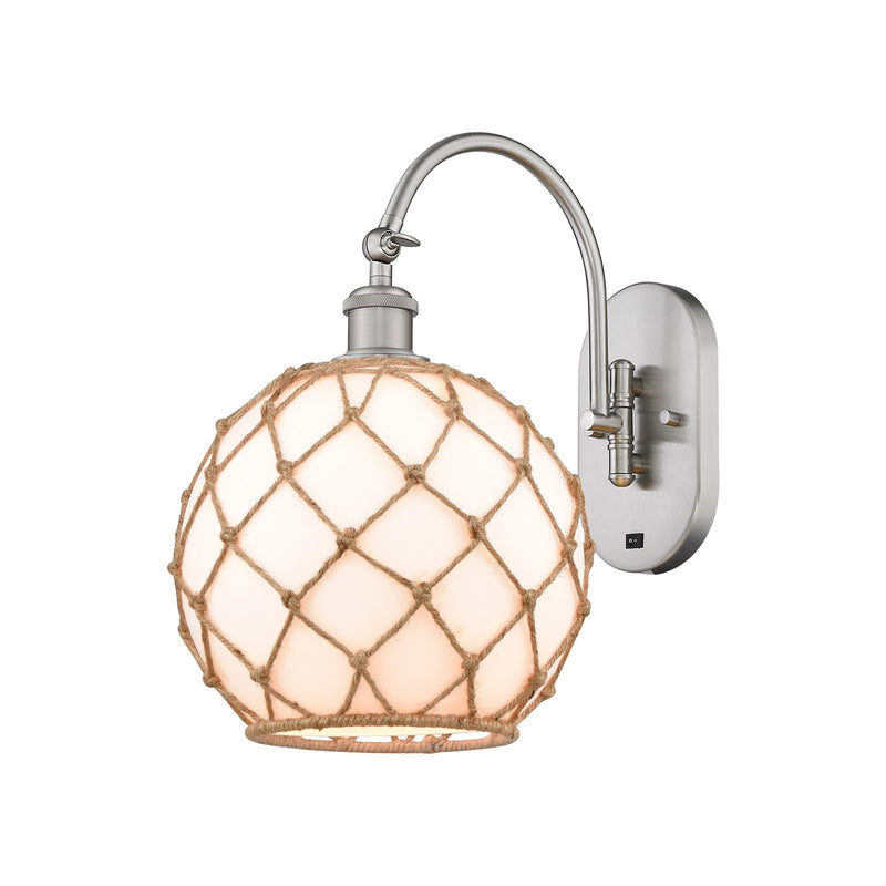 Innovations Farmhouse Rope 10in 1-Light Wall Sconce | Industrial Brushed Satin Nickel and Matte White Glass with Rope | Model 918-1W-SN-G121-10RB