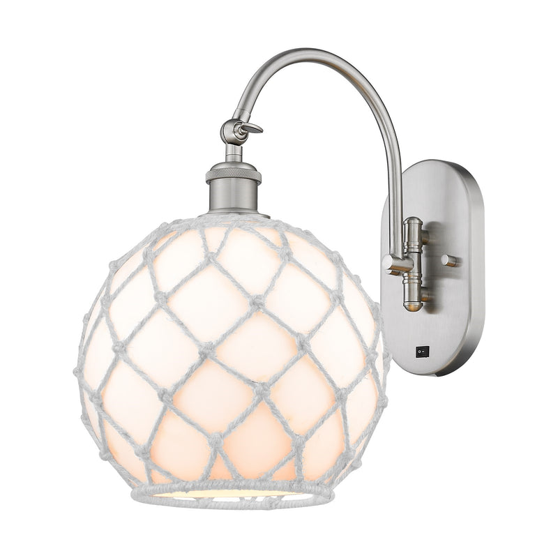 Innovations Farmhouse Rope 10in 1-Light Wall Sconce | Industrial Brushed Satin Nickel and White Glass with White Rope | Model 918-1W-SN-G121-10RW