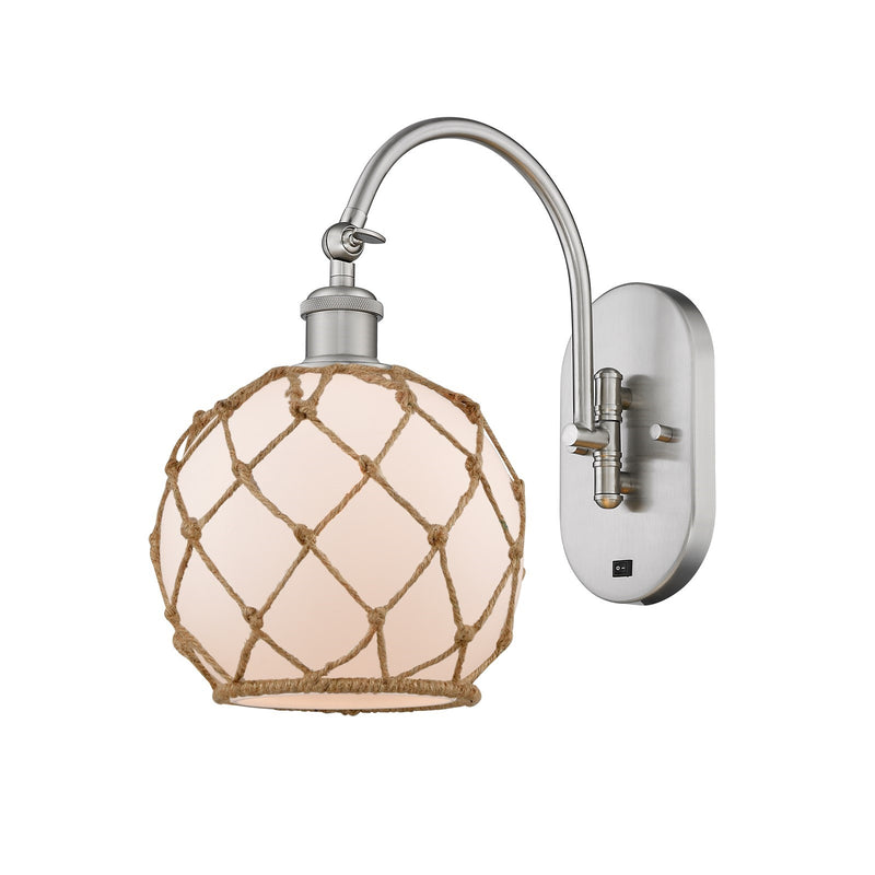 Innovations Farmhouse Rope 8in 1-Light Wall Sconce | Industrial Brushed Satin Nickel and White Glass with Brown Rope | Bathroom | Model 918-1W-SN-G121-8RB