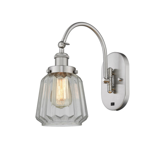 Innovations Chatham 7in 1-Light Swing Arm Lamp | Industrial Brushed Satin Nickel Steel and Clear Ribbed Glass | Bedroom Reading | Model 918-1W-SN-G142-LED