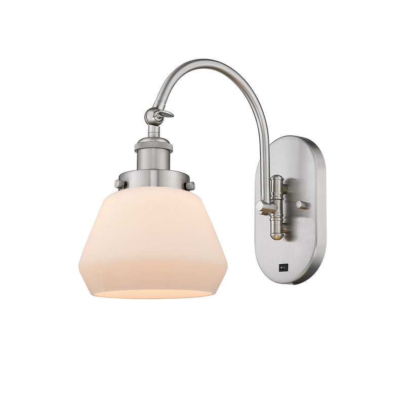 Innovations Fulton 7in 1-Light Swing Arm Lamp | Industrial Brushed Satin Nickel and Matte White Frosted Glass | Bedroom & | Model 918-1W-SN-G171-LED