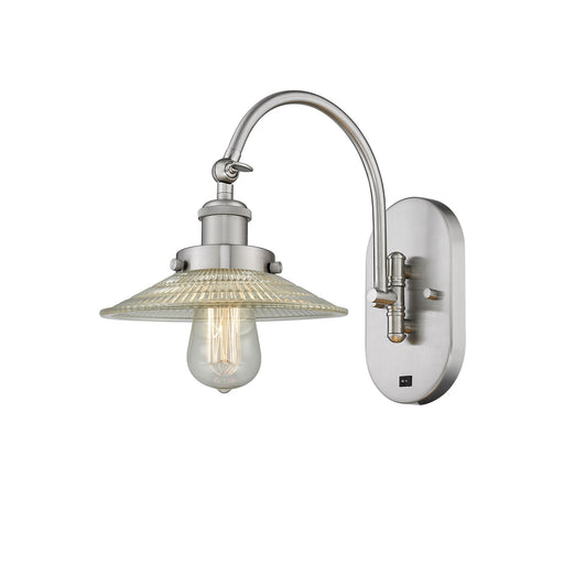 Innovations Halophane 1-Light 8.5in Swing Arm Sconce | Industrial Brushed Satin Nickel and Clear Halophane Glass | Bedroom & | Model 918-1W-SN-G2-LED
