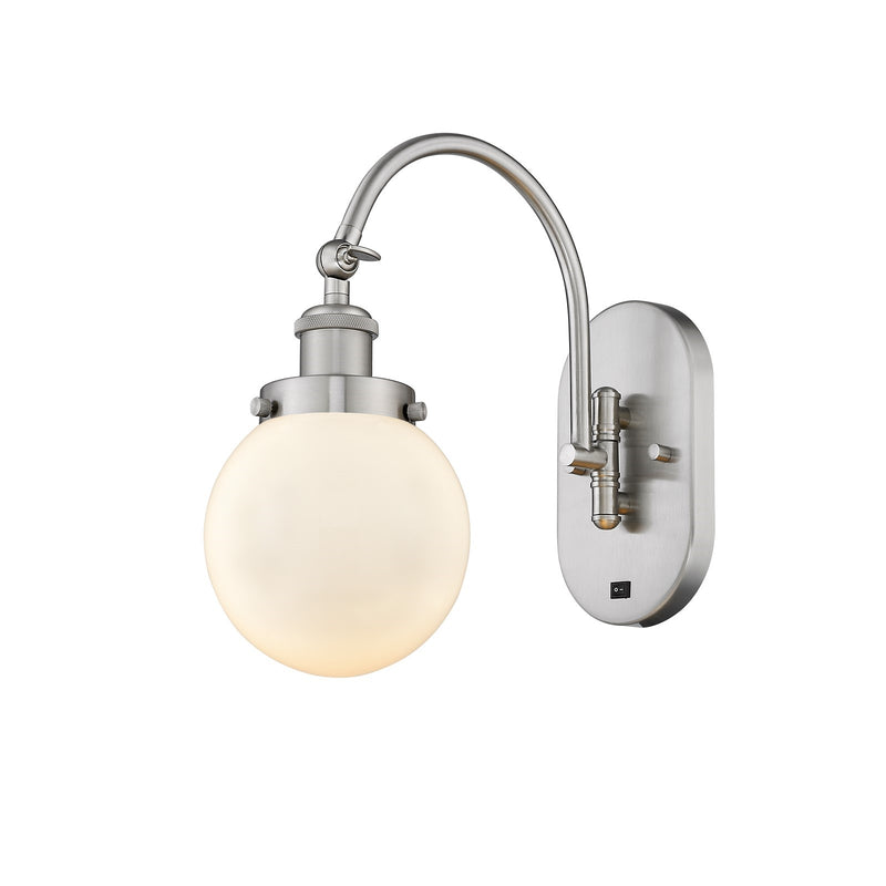 Innovations Beacon 6in 1-Light Swing Arm Wall Sconce | Industrial Brushed Satin Nickel Steel and Matte White Frosted Glass | Model 918-1W-SN-G201-6-LED