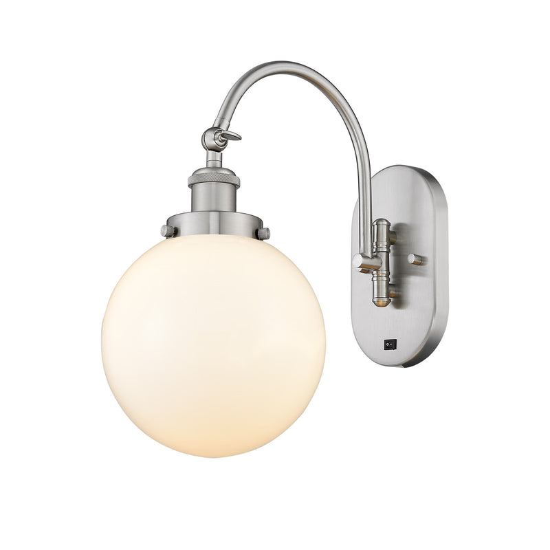 Innovations Beacon 8in 1-Light Swing Arm Wall Sconce | Industrial Brushed Satin Nickel Steel and Matte White Frosted Glass | Model 918-1W-SN-G201-8-LED