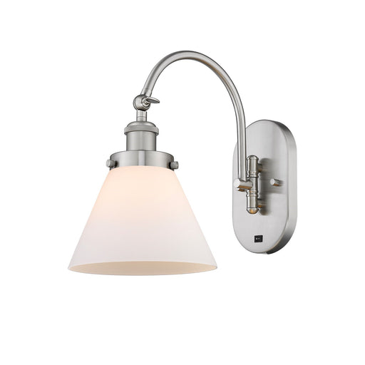 Innovations Cone 8in 1-Light Swing Arm Lamp | Industrial Brushed Satin Nickel Steel and Matte White Frosted Glass | Bedroom & | Model 918-1W-SN-G41-LED