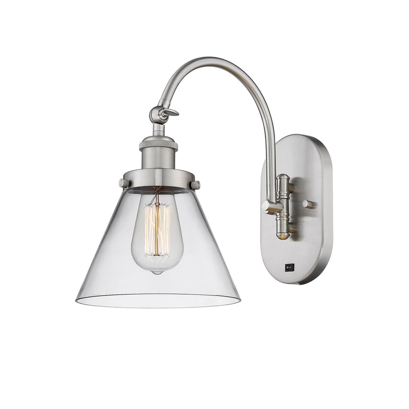 Innovations Cone 8in 1-Light Swing Arm Lamp | Industrial Brushed Satin Nickel Steel and Clear Glass | Bedroom & Living Room Reading | Model 918-1W-SN-G42