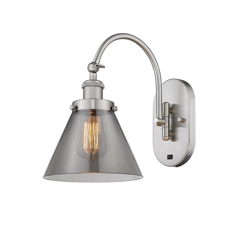 Innovations Cone 8in 1-Light Swing Arm Lamp | Industrial Brushed Satin Nickel Steel and Light Smoke Glass | Bedroom Reading Light | Model 918-1W-SN-G43
