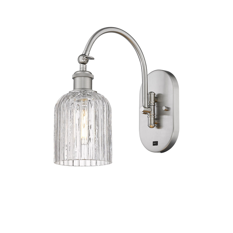 Innovations Bridal Veil 5in 1-Light Wall Sconce | Industrial Brushed Satin Nickel and Clear Ribbed Glass | Hallway & Bathroom | Model 918-1W-SN-G559-5CL
