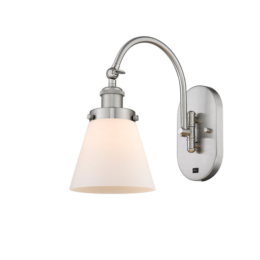 Innovations Cone 6.25in 1-Light Swing Arm Wall Sconce | Industrial Farmhouse Brushed Satin Nickel and Matte White Frosted Glass | Model 918-1W-SN-G61