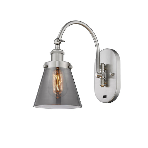 Innovations Cone 6.25in 1-Light Swing Arm Wall Sconce | Industrial Brushed Satin Nickel Steel and Light Smoke Glass | Bedroom & | Model 918-1W-SN-G63