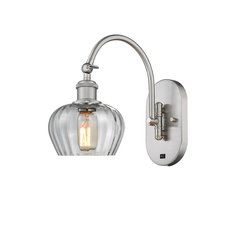 Innovations Fenton 6.5in 1-Light Wall Sconce | Industrial Brushed Satin Nickel Steel and Clear Ribbed Glass | Bathroom & Hallway | Model 918-1W-SN-G92