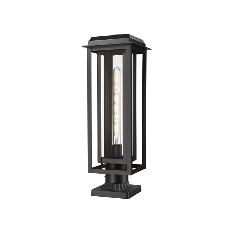 Innovations Mansfield 20in 1-Light Post Light | Industrial Matte Black Aluminum and Black Inner Cage Clear Glass | Model 9951-1PLT-BK-20-CG-BK-CL