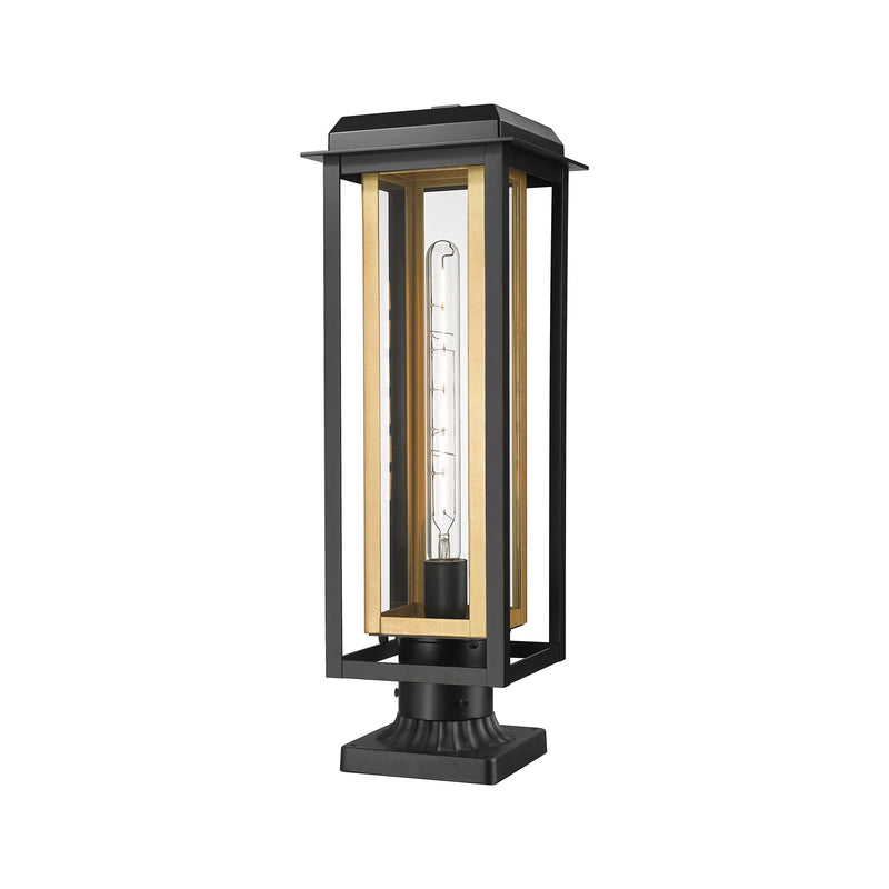 Innovations Mansfield 20in 1-Light Post Light | Contemporary Matte Black Aluminum and Brass Inner Cage with Clear Glass | Model 9951-1PLT-BK-20-CG-BR-CL