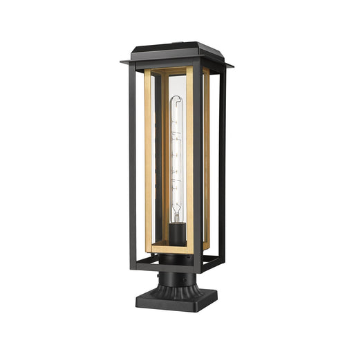Innovations Mansfield 20in 1-Light Post Light | Contemporary Matte Black Aluminum and Brass Inner Cage with Clear Glass | Model 9951-1PLT-BK-20-CG-BR-CL