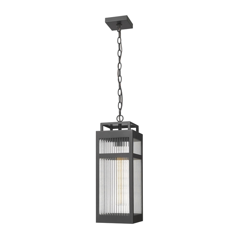 Innovations Ridgeway 7in 1-Light Pendant | Contemporary Matte Black Aluminum and Striped Clear Glass | Covered Patios & | Model 9953-1H-BK-20-SCL