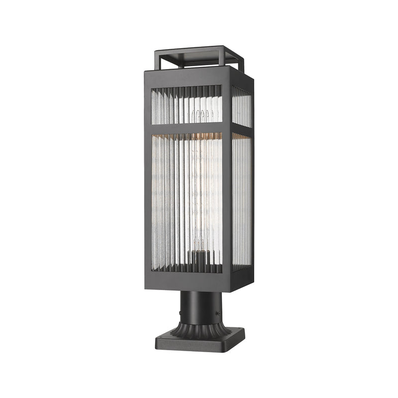 Innovations Ridgeway 7in 1-Light Post Lantern | Matte Black Aluminum and Striped Clear Glass | Pathway & Garden | Model 9953-1PLT-BK-20-SCL