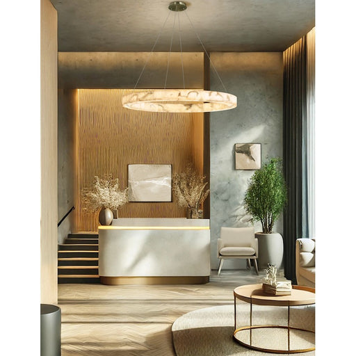 Justice LumenAria Medley LED 42" Ring Pendant, Brushed Brass/Faux Alabaster