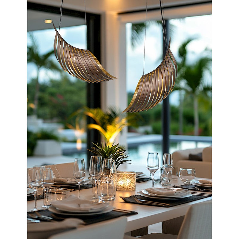 Justice Evolv Palmera 30" Curved Leaf Pendant, Bronze/Gold Leaf
