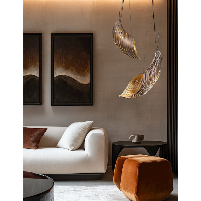 Justice Evolv Palmera 39" Curved Leaf Pendant, Bronze/Gold Leaf