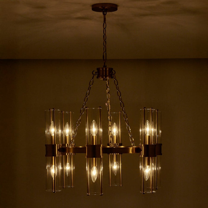 Kalco Lighting Duet 12 Light Chandelier, Vintage Brass