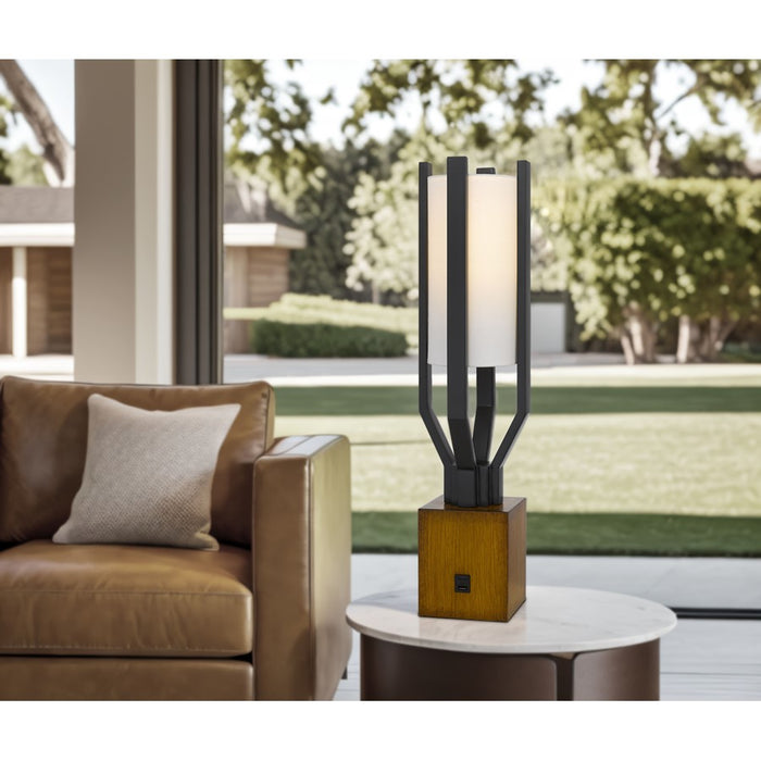 Cal Lighting Woodsmere 1 Light 25" Table Lamp, Black/Wood/Off White