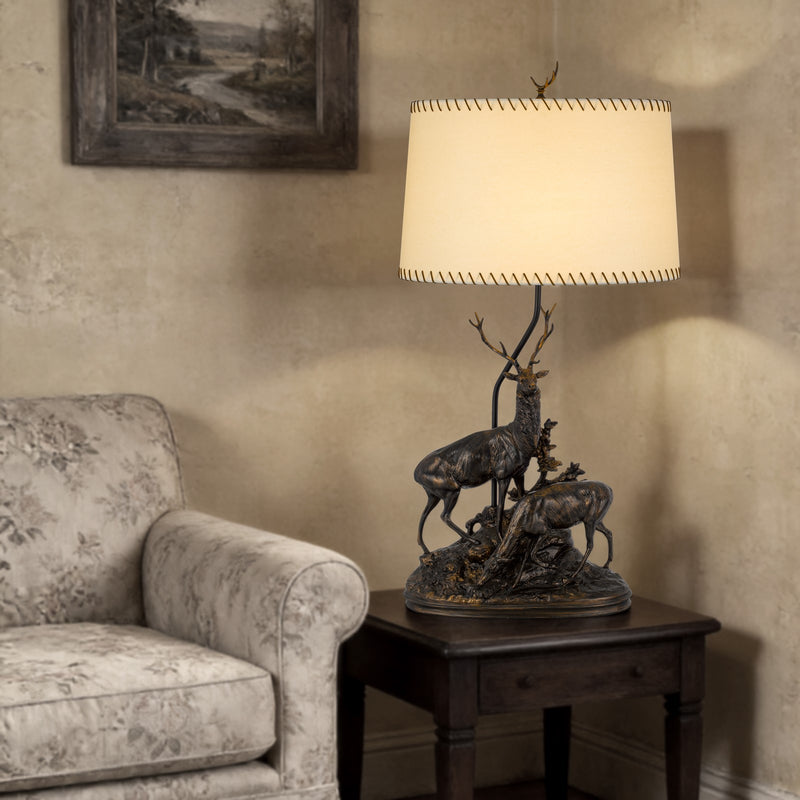 Cal Lighting Deer Pair 42in Resin Table Lamp | Rustic Antique Bronze and Bronze Paper Shade | Bedroom & Living Room | 21 x 42 in | Model BO-3263TB