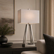 Cal Lighting Kroes 14in 1-Light Table Lamp | Modern Brushed Steel and Brushed Steel Fabric Shade | Bedroom & Living Room | Model BO-3267TB