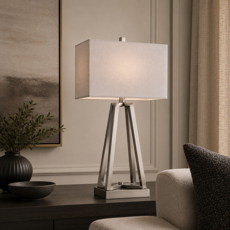 Cal Lighting Kroes 14in 1-Light Table Lamp | Modern Brushed Steel and Brushed Steel Fabric Shade | Bedroom & Living Room | Model BO-3267TB