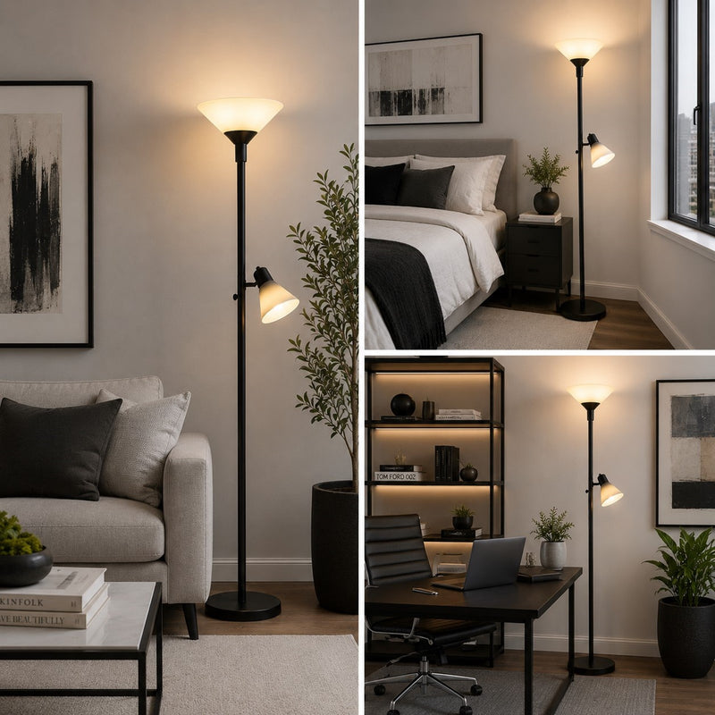 Cal Lighting Brayton 11in 2-Light Torchiere Lamp | Transitional Black and Black Glass Shade | Bedroom & Living Room | Model BO-3269TR-BK