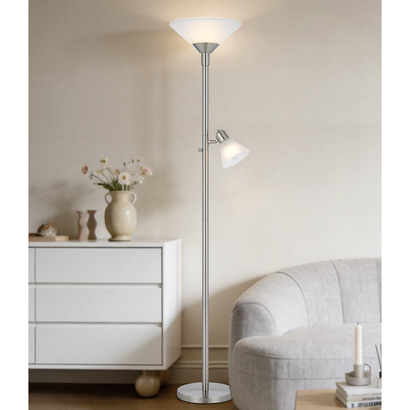 Cal Lighting Brayton 11in 2-Light Torchiere Lamp | Transitional Brushed Steel and Brushed Steel Glass Shade | Bedroom & Living | Model BO-3269TR-BS