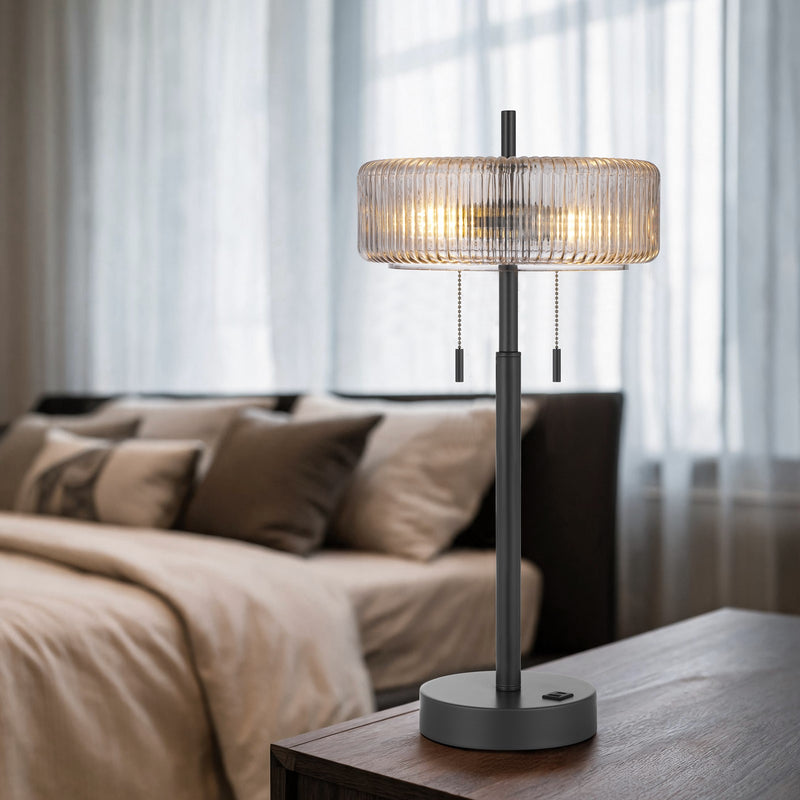 Cal Lighting Mirza 11.75in Table Lamp | Contemporary Dark Bronze Metal and Smoky Glass Shade | Bedroom & Living Room | Model BO-3275TB