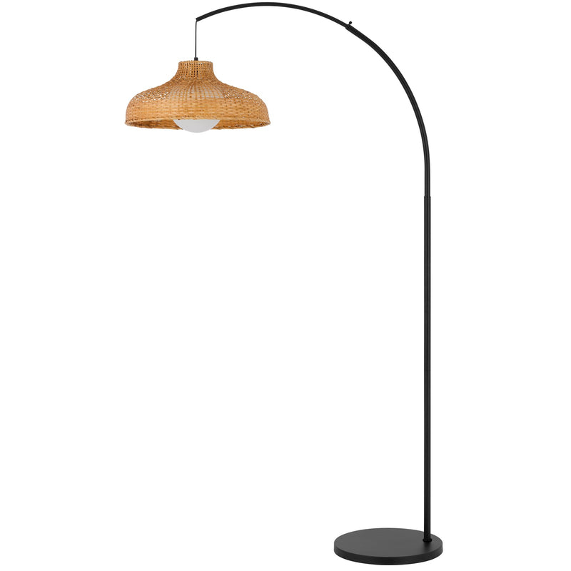 Cal Lighting Makako 68in Arc Floor Lamp | Tropical Black Metal and Rattan Shade | Living Room & Bedroom | 18 x 13.75 x 67.75 in | Model EC-1020FL