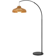Cal Lighting Makako 68in Arc Floor Lamp | Tropical Black Metal and Rattan Shade | Living Room & Bedroom | 18 x 13.75 x 67.75 in | Model EC-1020FL