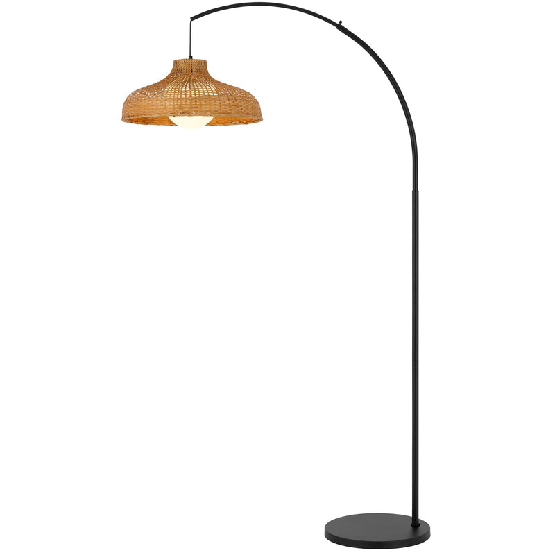 Cal Lighting Makako 68in Arc Floor Lamp | Tropical Black Metal and Rattan Shade | Living Room & Bedroom | 18 x 13.75 x 67.75 in | Model EC-1020FL