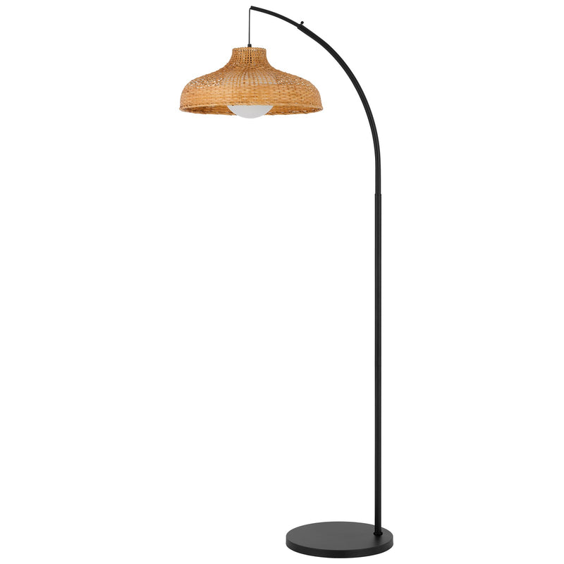 Cal Lighting Makako 68in Arc Floor Lamp | Tropical Black Metal and Rattan Shade | Living Room & Bedroom | 18 x 13.75 x 67.75 in | Model EC-1020FL