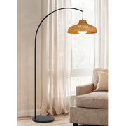 Cal Lighting Makako 68in Arc Floor Lamp | Tropical Black Metal and Rattan Shade | Living Room & Bedroom | 18 x 13.75 x 67.75 in | Model EC-1020FL