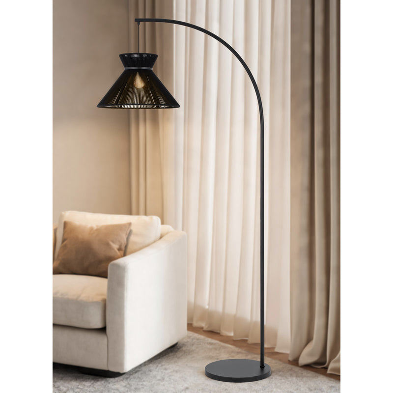Cal Lighting Kahoa 72in Arc Floor Lamp | Tropical Black Metal and String Shade | Living Room & Bedroom | 16.9 x 13.75 x 72 in | Model EC-1021FL