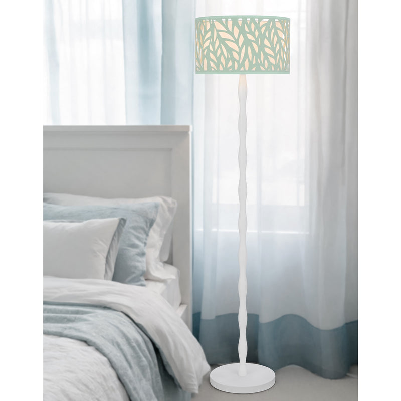 Cal Lighting Berwick 60in Floor Lamp | Contemporary White Wood and Seafoam Green Leaf Shade | Living Room & Bedroom | Model EC-1023FL