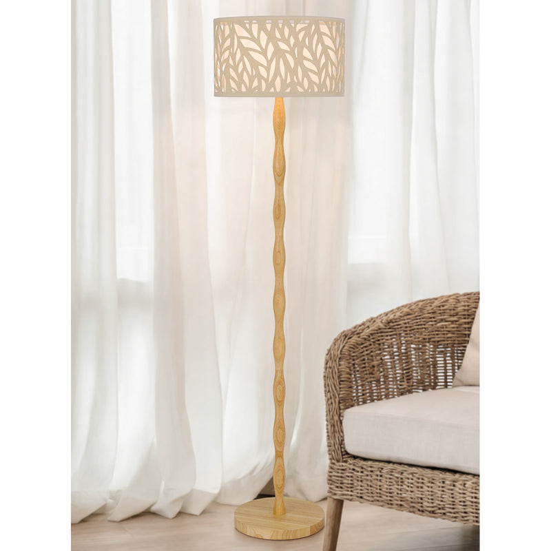 Cal Lighting Berwick 60in 1-Light Floor Lamp | Contemporary Light Oak Wood and Beige Fabric Shade | Bedroom & Living Room | Model EC-1024FL