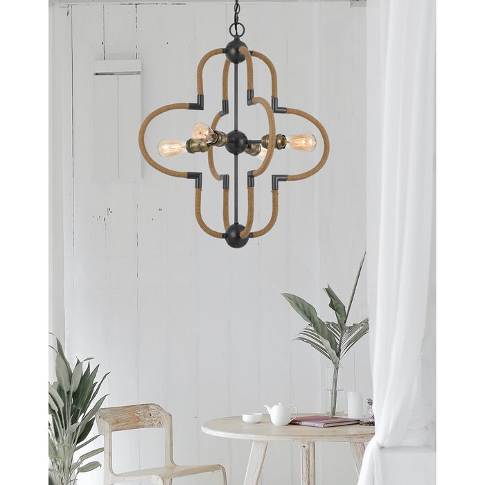 Cal Lighting Tahoka 4Lt Chand, Burlap/Black Iron/Antique Brass