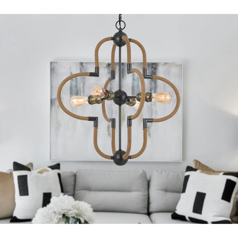 Cal Lighting Tahoka 4Lt Chand, Burlap/Black Iron/Antique Brass