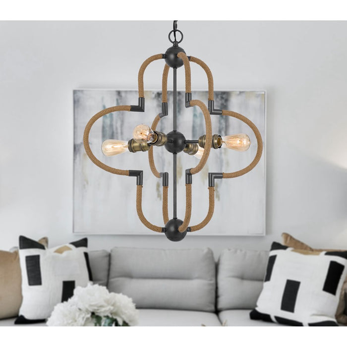 Cal Lighting Tahoka 4Lt Chand, Burlap/Black Iron/Antique Brass