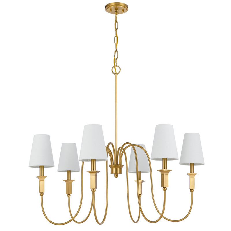 Cal Lighting Baronne 36in 6-Light Chandelier | Traditional Antique Brass and White Fabric Shades | Dining Room & Entryway | Model FX-3829-6