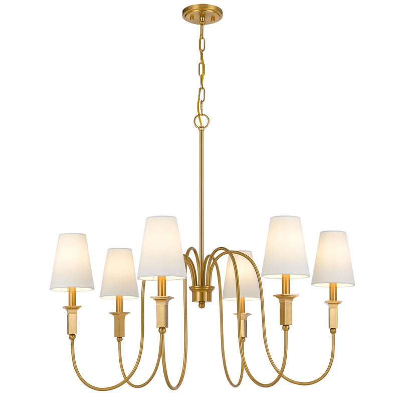 Cal Lighting Baronne 36in 6-Light Chandelier | Traditional Antique Brass and White Fabric Shades | Dining Room & Entryway | Model FX-3829-6
