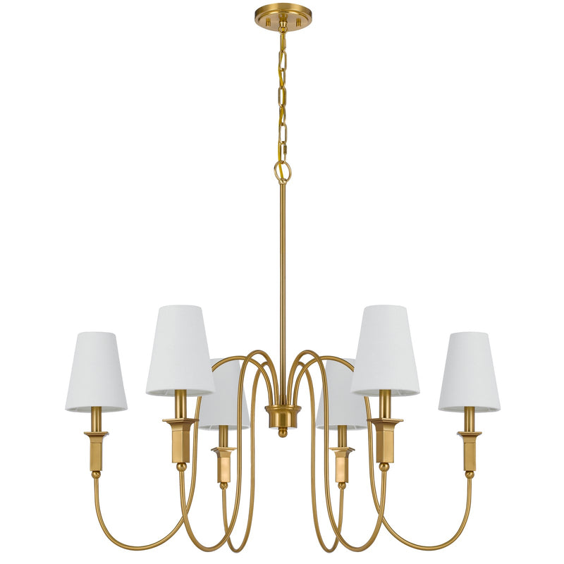 Cal Lighting Baronne 36in 6-Light Chandelier | Traditional Antique Brass and White Fabric Shades | Dining Room & Entryway | Model FX-3829-6