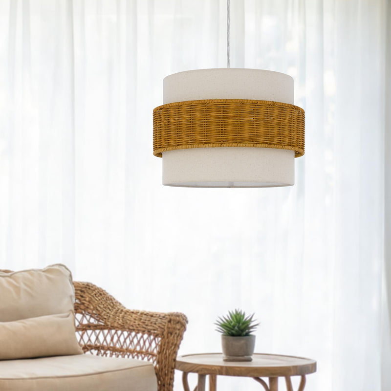 Cal Lighting Pahu 14in 1-Light Pendant | Contemporary Rattan and Rattan/Fabric Shade | Bedroom & Living Room | 13.75 x 4.75 x 9.5 in | Model FX-3835-1