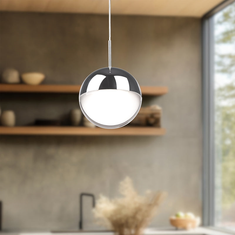 Kuzco Pluto 4in LED Pendant | Modern Chrome and Frosted Clear Glass | Kitchen Island & Dining Room | 6 x 3.88 in | Model 402801CH-LED